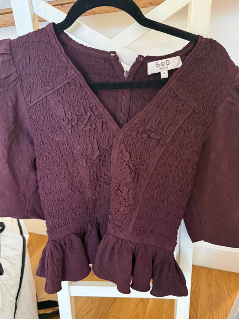 SEA New York Burgundy Textured Peplum Blouse | Size Small